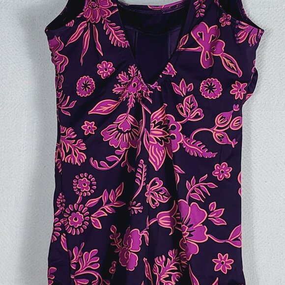 Lands End Purple Pink Floral Nylon Span Poly Scoop Neck One Piece Suit Size 10 - Picture 7 of 16